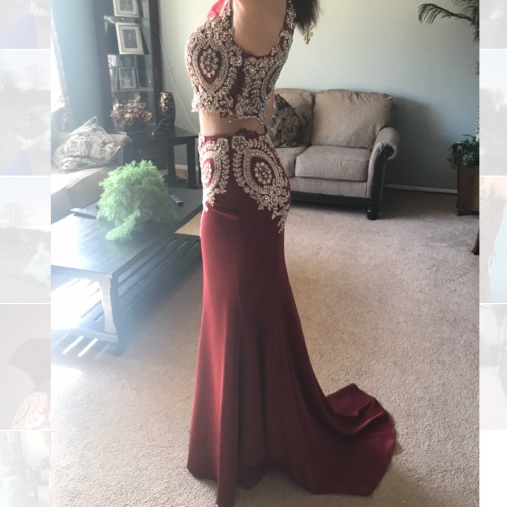 Two Piece Burgundy Prom Dress